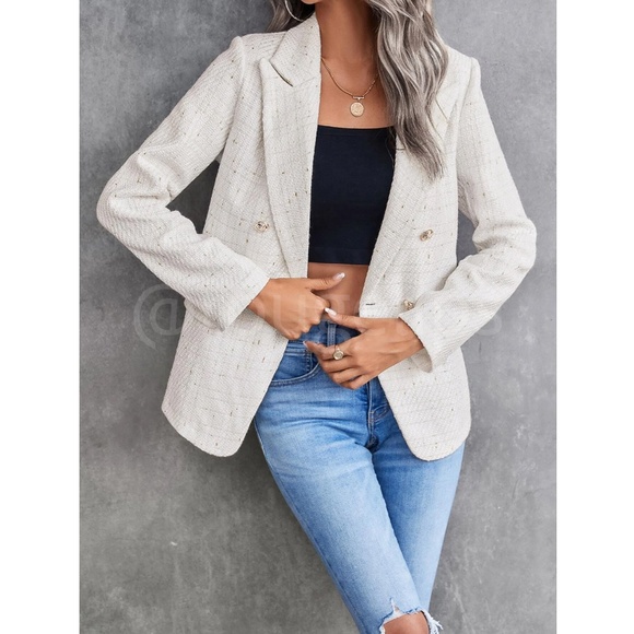 Classic Plaid Tweed Double Breasted White Blazer Jacket Long Sleeve - Picture 6 of 16